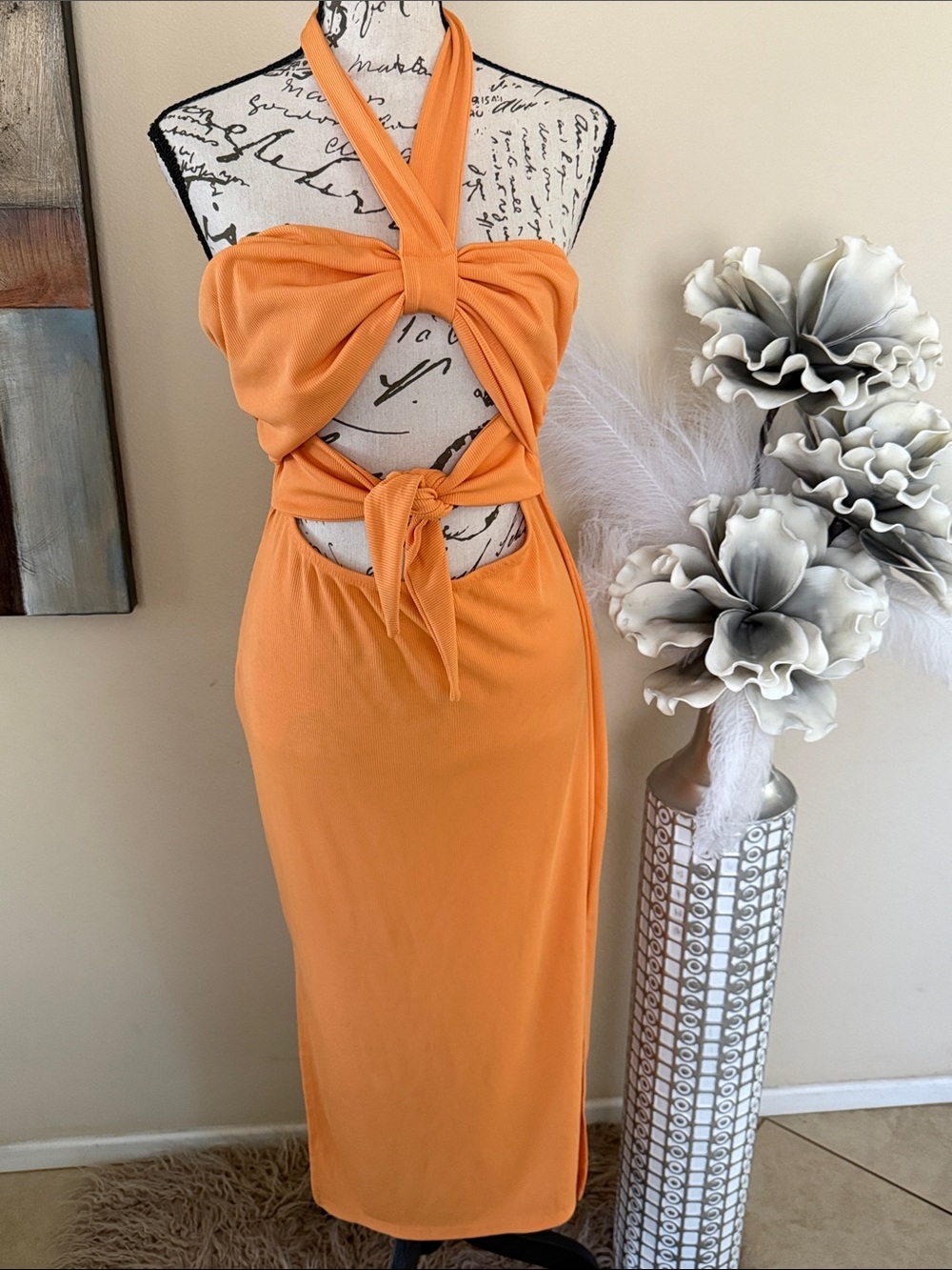SHEIN Orange Halter Tie Cutout Midi Dress